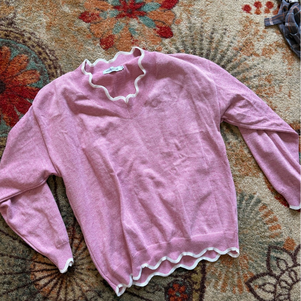 MISSLOOK Pink Ruffle-Trim V-Neck Sweater with White Edging